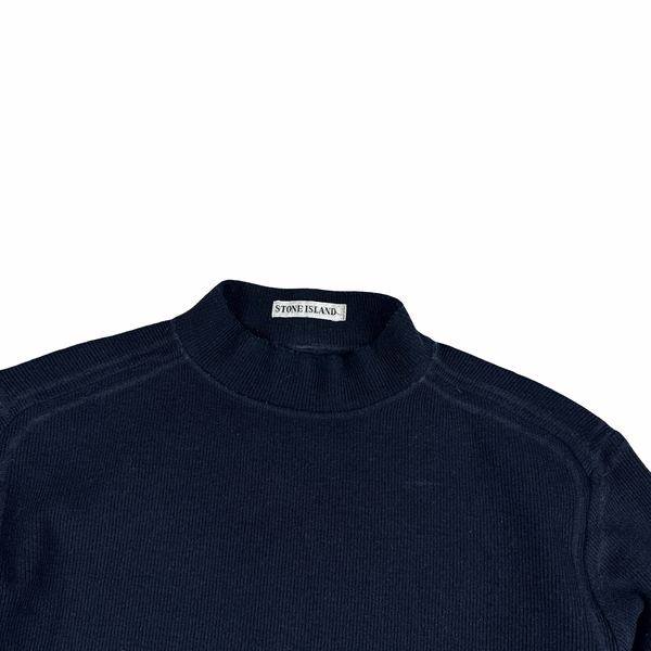 Stone Island 1999 Navy Ribbed Wool Vintage Pullover Mock Neck Jumper - Large