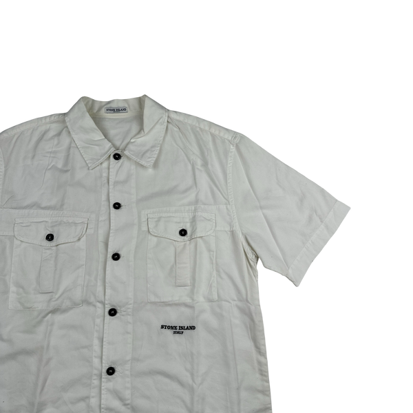 Stone Island 2004 White Cotton Spellout Short Sleeve Shirt - Large