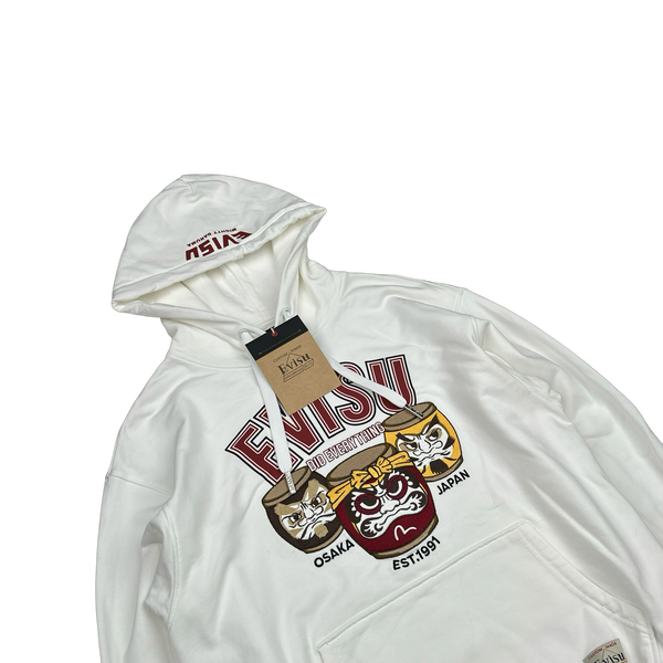 Evisu White Embroiderd Graphic Cotton Hoodie - Small