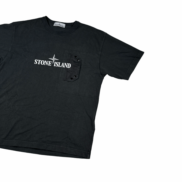 Stone Island 2024 Black Spellout Chest Pocket T Shirt - Small