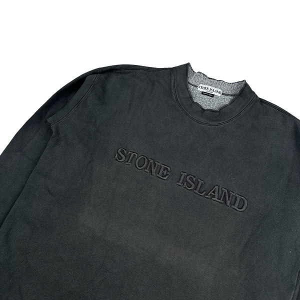 Stone Island 1990s Vintage Black Cotton Embroidered Spellout Pullover - Large
