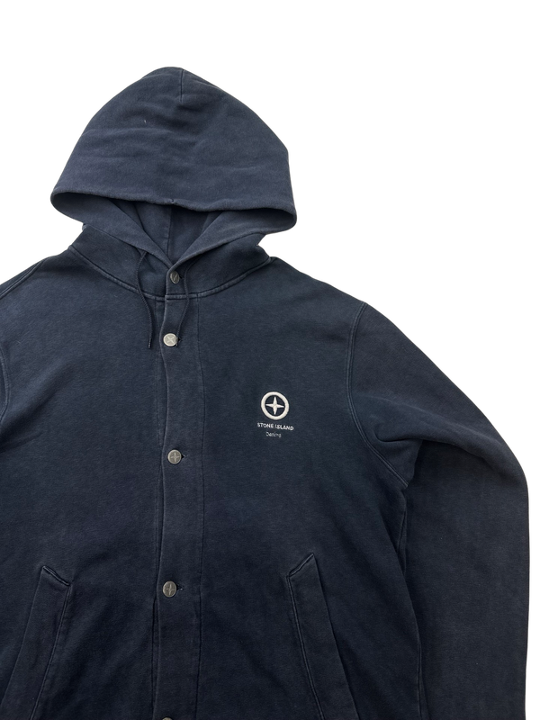 Stone Island Denims Navy Cotton Spellout Buttoned Hoodie - Large