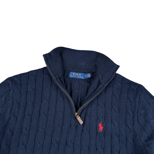 Ralph Lauren Navy Cotton Cable Knit Quarter Zip Jumper - Medium