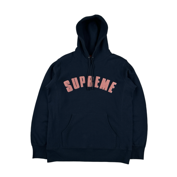 Supreme Navy Fleece Spellout Pullover Hoodie - Large