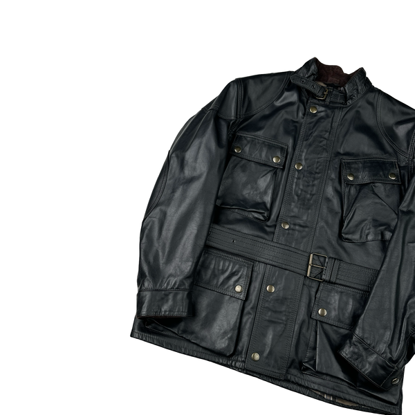 Belstaff Black Multi Pocket Field Leather Zipped Heavyweight Jacket - Small