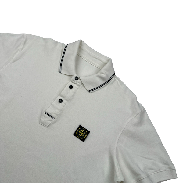 Stone Island White Spellout Compass Cotton Polo Shirt - Medium
