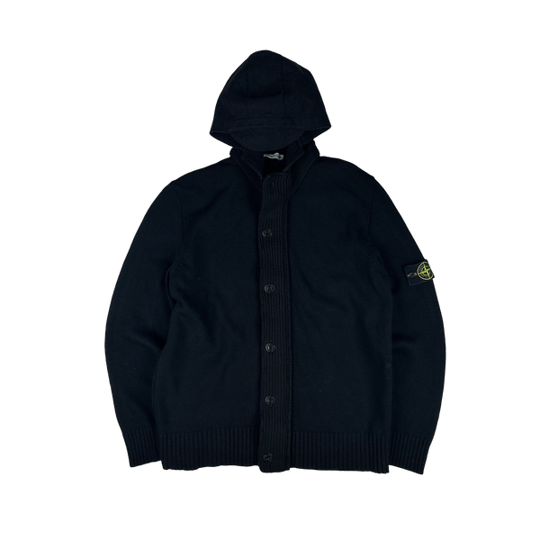 Stone Island 2007 Black Wool Heavyweight Knit Hooded Cardigan - 3XL