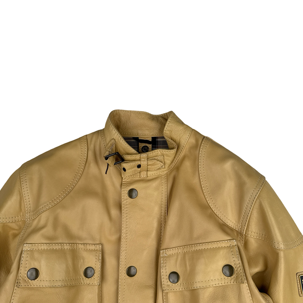 Belstaff Cream Multi Pocket Field Leather Zipped Heavyweight Jacket - Small