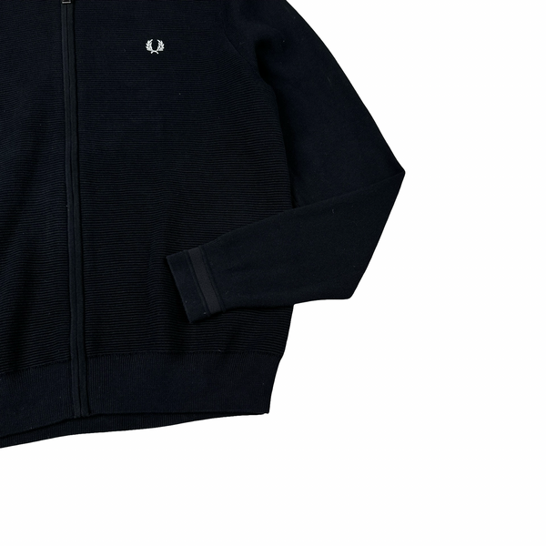 Fred Perry Black Zipped Ribbed Cotton Blend Crewneck Jumper - Large