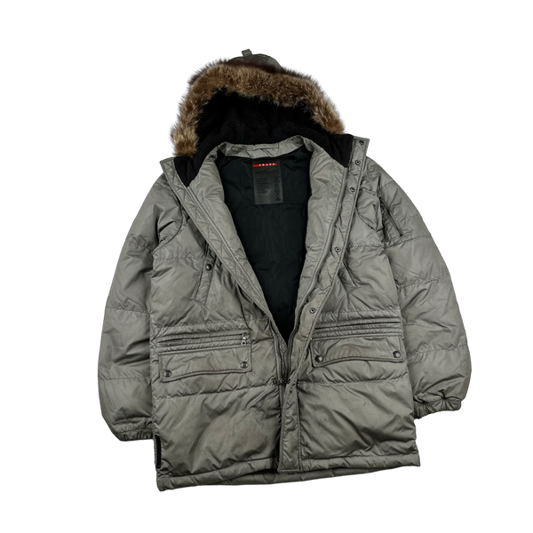 Prada Silver Coyote Fur Hood Black Tab Parka Jacket - Small