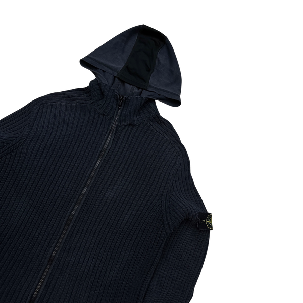 Stone Island Dark Navy Ribbed Knit Zipped Hooded Jumper - XXL