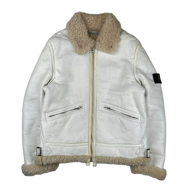 Stone Island 2005 White Hand Painted Lambskin Leather Thick Shearling Jacket - Medium