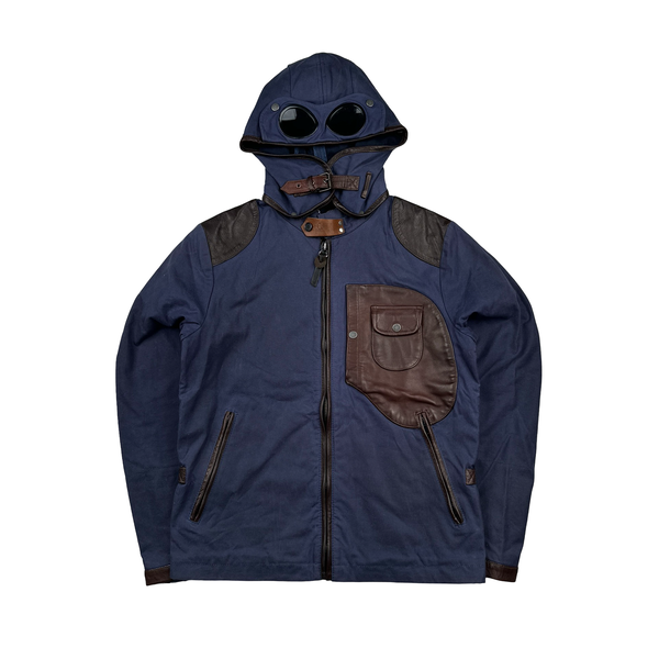 CP Company Blue/Brown Leather Hand Wax Finishing Goggle Jacket - Medium