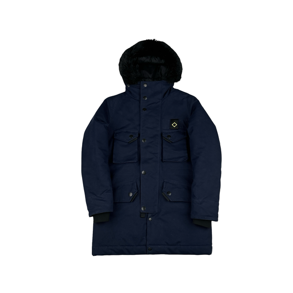 Ma Strum Navy Multi Pocket Long Quilted Fur Hood Trim Jacket - XS