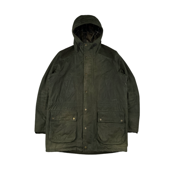 Barbour Green Cotton Flannel Lined Hooded Wax Jacket - XL