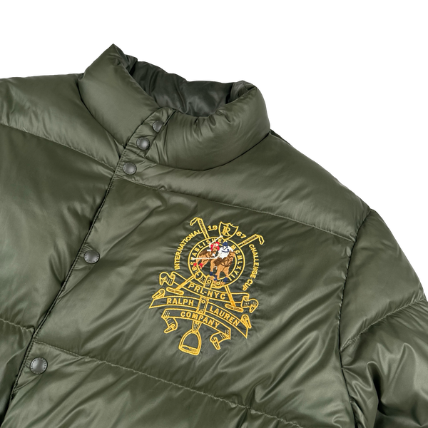 Ralph Lauren Khaki Green Down Filled Embroidered Spellout Puffer Jacket - XL