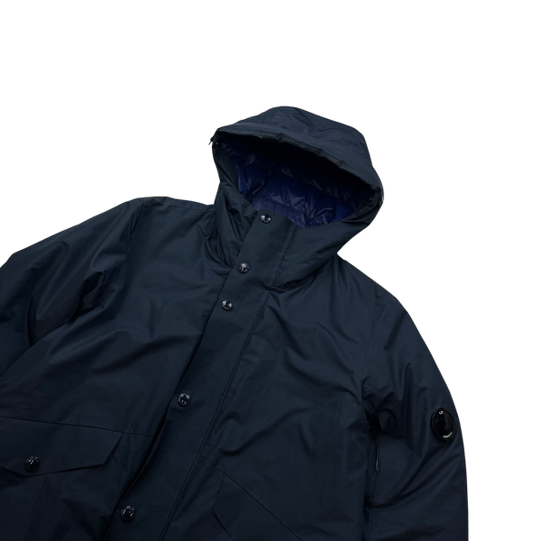 CP Company Navy Micro M Down Filled Lens Viewer Long Parka Jacket - Small
