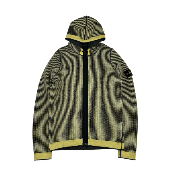 Stone Island Reversible Yellow/Grey Wool Contrast Ribbed Knit Hoodie - Medium
