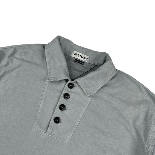 Stone Island Vintage Grey Spellout Embroidered Compass Long Sleeve Polo Shirt - XL