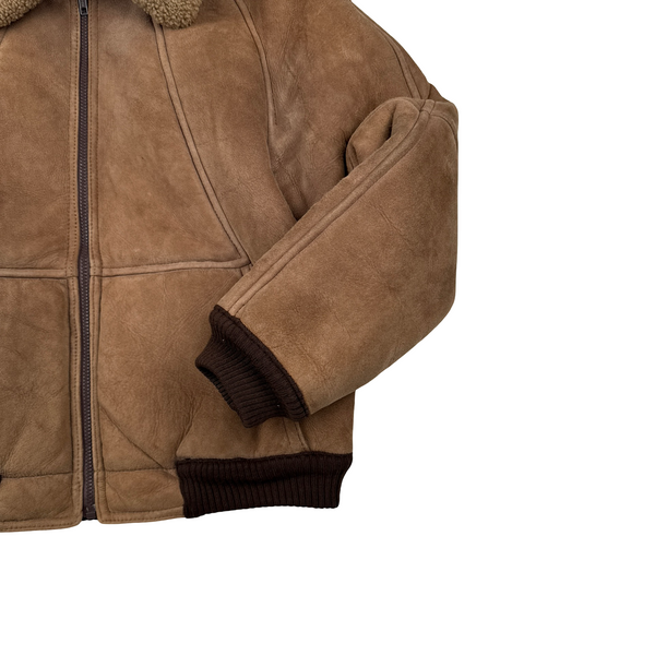 Vintage Beige Leather Lined Shearling Collar Bomber Jacket - Medium
