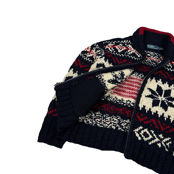 Ralph Lauren Wool Cable Knit Zipped Folk Style Flag Jumper - Medium