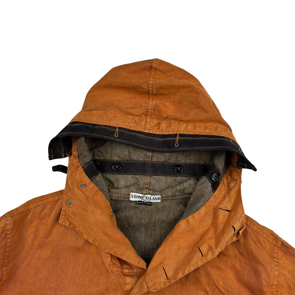 Stone Island 2001 Orange Lino Flax Multi Pocket Hooded Buttoned Jacket - Large