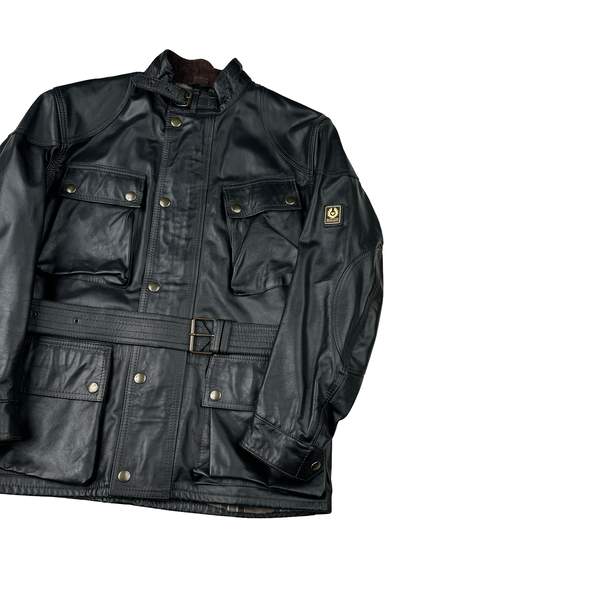 Belstaff Black Multi Pocket Field Leather Zipped Heavyweight Jacket - Small