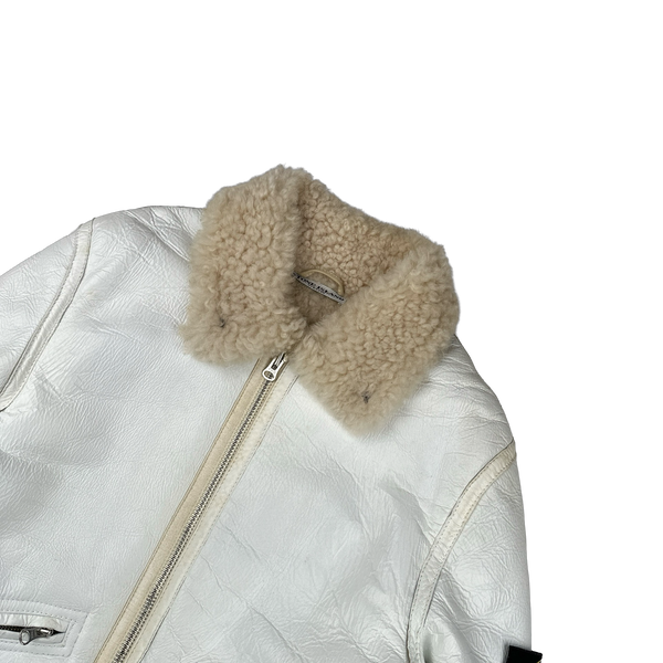 Stone Island 2005 White Hand Painted Lambskin Leather Thick Shearling Jacket - Medium