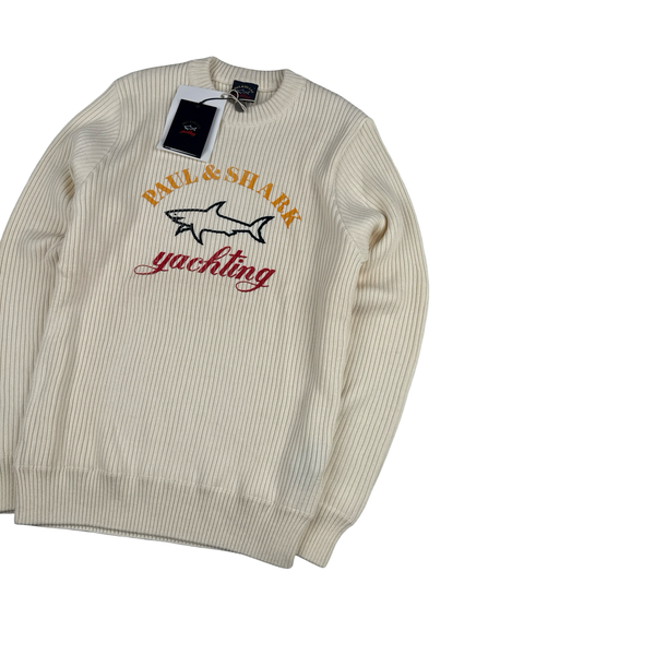 Paul & Shark Cream Ribbed Wool Blend Thick Knitted Crewneck Jumper - Large