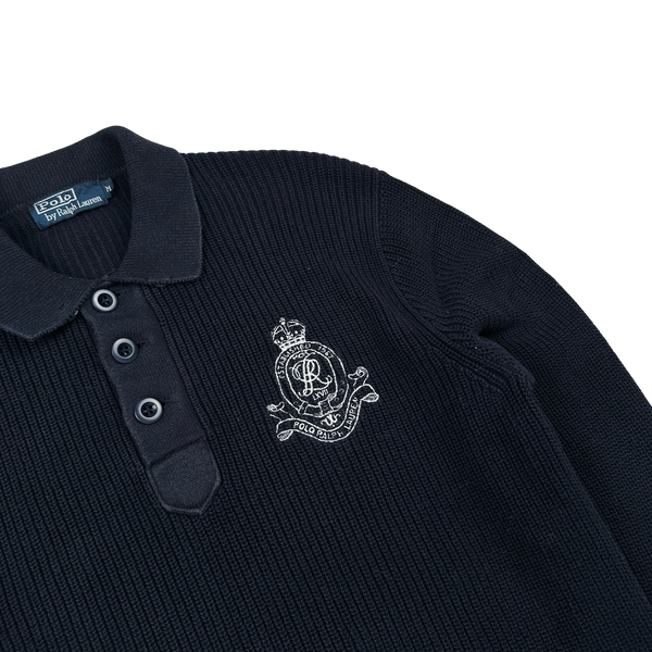 Ralph Lauren Navy Cotton Knit Quarter Button Embroidered Crest Jumper - Medium