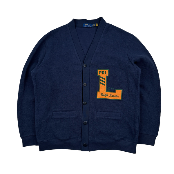 Ralph Lauren Polo Navy Buttoned Varsity Letterman Fleece Cardigan - Large