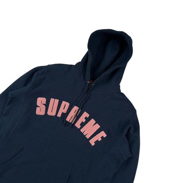 Supreme Navy Fleece Spellout Pullover Hoodie - Large
