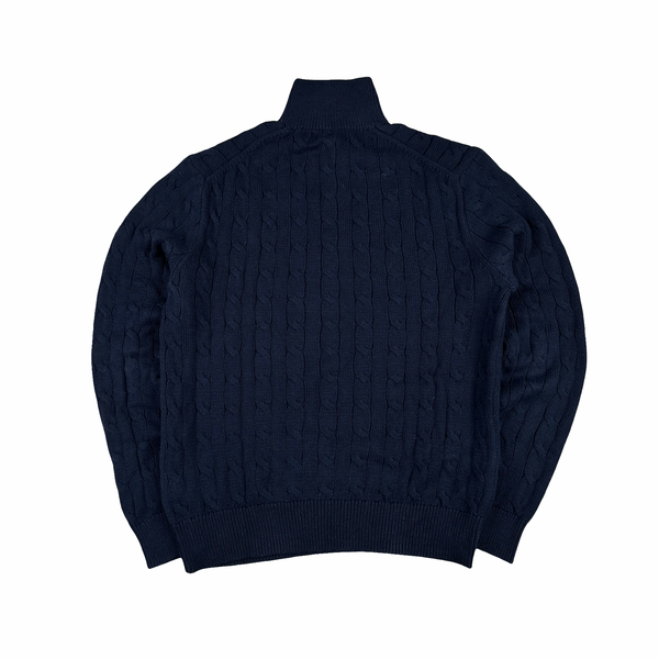 Ralph Lauren Navy Cotton Cable Knit Quarter Zip Jumper - Medium