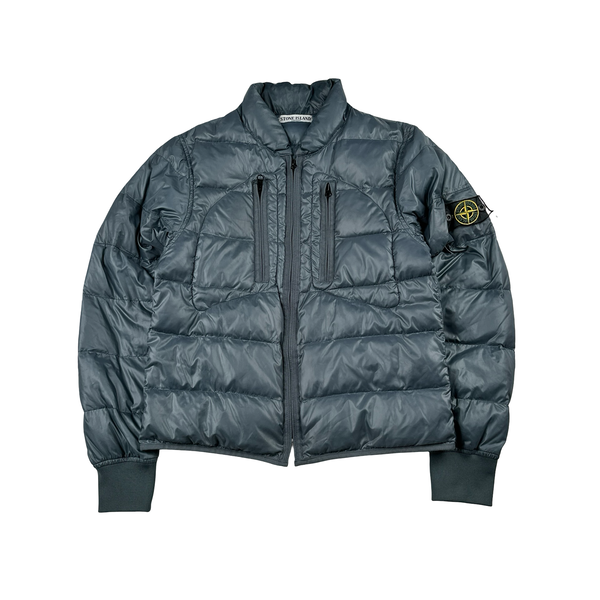 Stone Island 2008 Mesh Badge Blue Down Filled Spellout Jacket - Medium