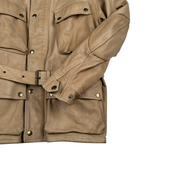 Belstaff Light Brown Multi Pocket Field Leather Zipped Heavyweight Jacket - Small