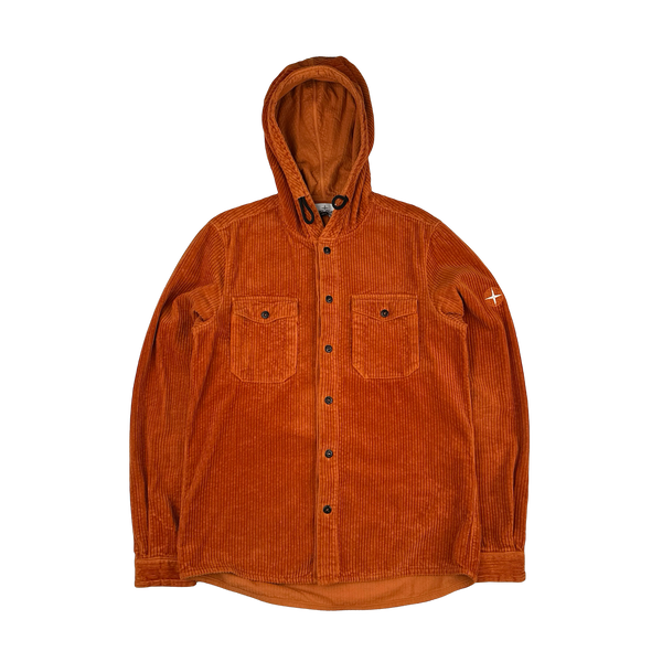 Stone Island 2019 Orange Hooded Corduroy Shirt - Medium