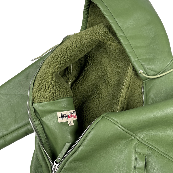 Stussy Leather Sherling Lined Green Work Jacket - Small