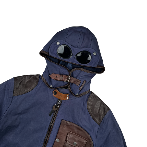 CP Company Blue/Brown Leather Hand Wax Finishing Goggle Jacket - Medium