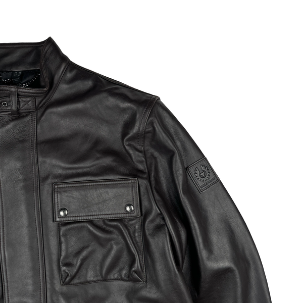 Belstaff Dark Brown Multi Pocket Leather Zipped Heavyweight Jacket - XL