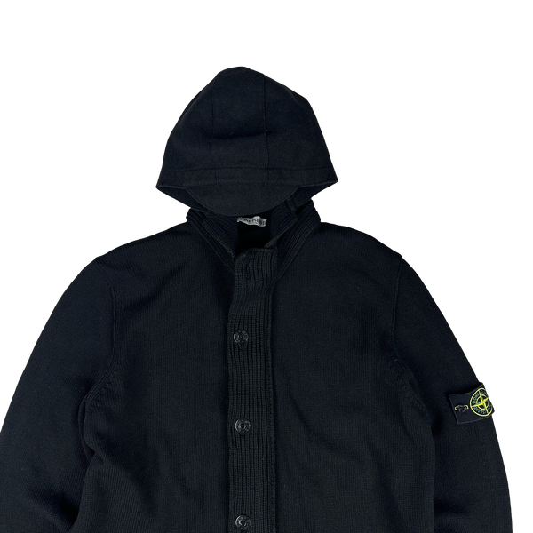 Stone Island 2007 Black Wool Heavyweight Knit Hooded Cardigan - 3XL