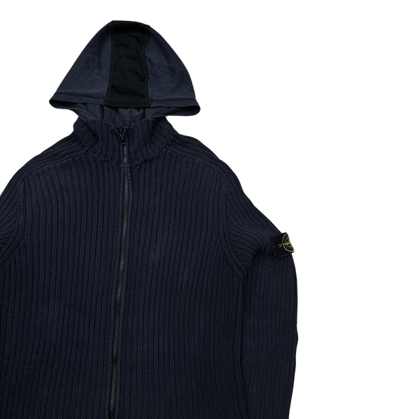 Stone Island Dark Navy Ribbed Knit Zipped Hooded Jumper - XXL