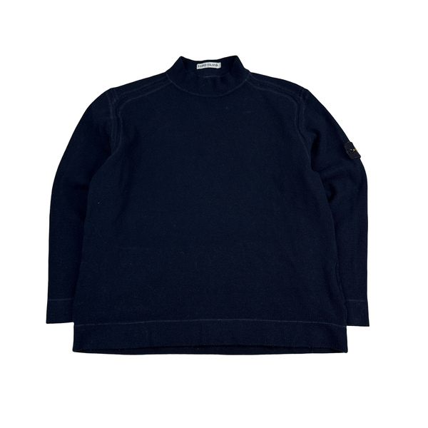 Stone Island 1999 Navy Ribbed Wool Vintage Pullover Mock Neck Jumper - Large