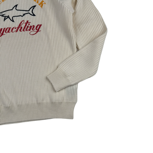 Paul & Shark Cream Ribbed Wool Blend Thick Knitted Crewneck Jumper - Large