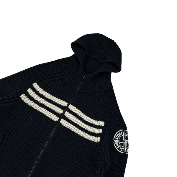 Stone Island 2005 Navy Heavyweight Wool Knit Spellout Hooded Cardigan - Large