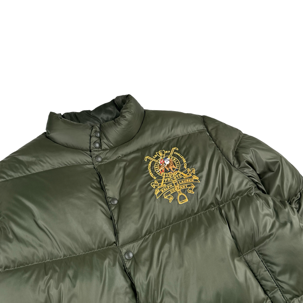 Ralph Lauren Khaki Green Down Filled Embroidered Spellout Puffer Jacket - XL