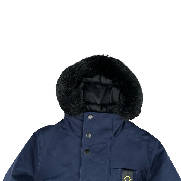 Ma Strum Navy Multi Pocket Long Quilted Fur Hood Trim Jacket - XS