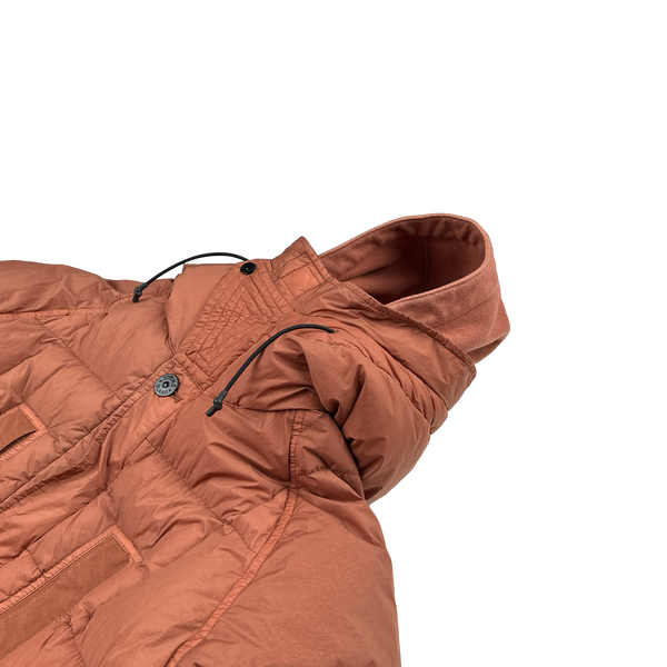 Stone Island 2019 Salmon Garment Dyed Crinkle Reps Long Puffer Jacket - Medium