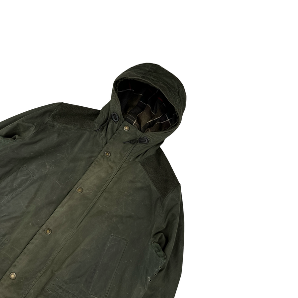 Barbour Green Cotton Flannel Lined Hooded Wax Jacket - XL