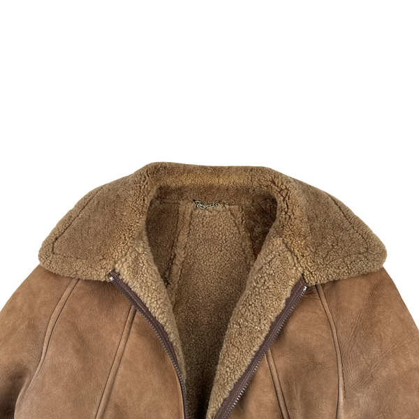 Vintage Beige Leather Lined Shearling Collar Bomber Jacket - Medium
