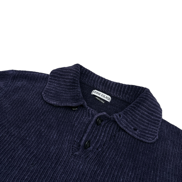 Stone Island 1998 Navy Vintage Cotton Chenille Knit Collared Jumper - XL